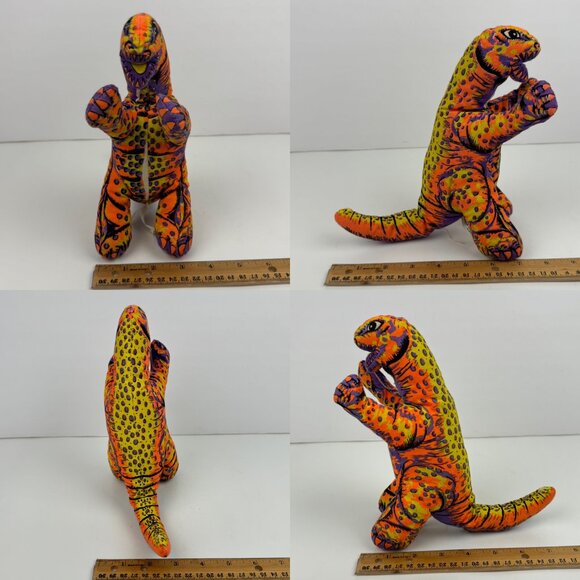 Vtg Play by Play Soft Plush Dinosaur Stuffed Animal Neon Orange Purple Black - Picture 4 of 11